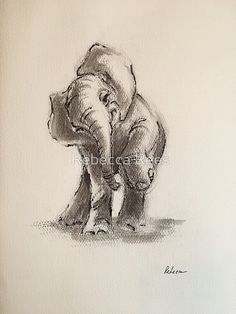 a drawing of an elephant with its trunk in the ground