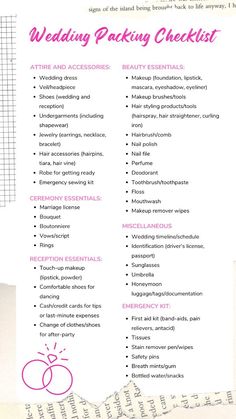 Free Wedding Packing Checklist To Print Wedding Packing Checklist, Wedding Essentials Checklist, Wedding Guest Checklist, Wedding Day Emergency Kit, Wedding Packing, Wedding Checklist Printable, Wedding Emergency Kit, Wedding Planner Checklist, Budget Planner Free