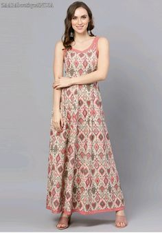 "HAND WOVEN MAXI DRESS *Sensationalize your wardrobe with this cream and pink sleeveless dress. *Tailored to sartorial perfection from premium quality fabric, it assures a soft and soothing touch against the skin.The round neck adds to its appeal. The printed pattern makes it a captivating choice. *Fabric:- Cotton *Wash Care:- Machine-wash *Color:- Cream & Pink *Neck/Collar:- Round neck *Model fit:- Model is 5'7\"/170 cms and is wearing S *Sleeve:- Sleeveless AVAILABLE IN 5 SIZES THEY ARE IN Floor-length Cotton Dress For Eid, Cotton Floor-length Dress For Navratri, Multicolor Dress With Printed Motifs For Eid, Bollywood Style Festive Summer Maxi Dress, Summer Festive Bollywood Maxi Dress, Cotton Sleeveless Dress For Navratri, Bollywood Style Cotton Floor-length Dress, Beige Dress For Navratri Festival, Eid Ikat Print Dress