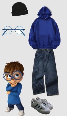 an image of a boy with glasses and hat next to clothing, shoes and beanie