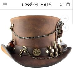 Size M/L Was Given As A Gift And Never Worn. Get Ready To Go Back In Time In Our Ultimate Steampunk Style. The Time Port Top Hat By Head N' Home Is Covered In Fun Baubles, Knick-Knacks And Features A Real Working Clock And Holster On The Side. This Hat Is Made In The Usa From 100% Black Or Brown Leather And Comes In Sizes Ranging From Medium To Extra Large To Fit Every Time Traveler. This Style Is Great For Both Men And Women And Has A Tall 6" Crown. Steampunk Vest Male, Steam Punk Top Hat, Steampunk Outfit Men, Steam Punk Hat, Steampunk Mens Fashion, Punk Hat, Steampunk Men Clothing, Steampunk Hats, Men Steampunk