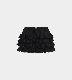 Cotton silk mini skirt with layered ruffles and bow detailing at waistband.    vendor colour: black    vendor style: sk04 zsm127    fabrication: shell 82.4% cotton 17.6% silk.  lining 100% polyester.    imported.    do not wash.  do not bleach. line dry.  iron max sole plate temp of 110c. dry cleaning mild process. Black Frilly Skirt, Silk Skirt Short, Ruffle Skirt Black, Black Ruffle Mini Skirt, Short Ruffle Skirt, Shushu Tong, Layered Ruffle Skirt, Black Ruffle Skirt, Frilly Skirt