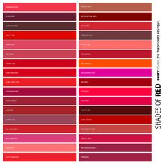 the color chart for shades of red and pink, with different colors in each section