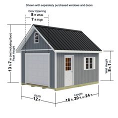 a shed with measurements for the roof and side walls, shown in white text on a gray background