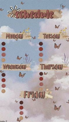 an image of a calendar with butterflies flying above the clouds and words that spell it out