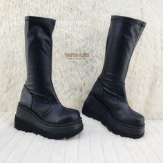 Demonia In House Stock | Totally Wicked Footwear Flat Platform Boots, Demonia Shaker, High Boots Platform, Stretch Knee High Boots, Platform Shoes Black, 90s Boots, Demonia Boots, Knee High Platform Boots, Black Platform Boots