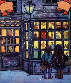 two people standing in front of a store window at night with snow falling on the ground