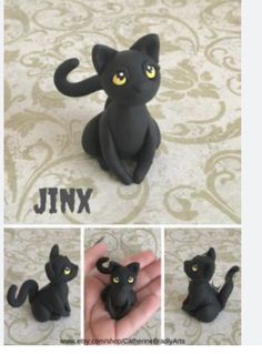 three pictures of black cat figurines with yellow eyes and tail sitting on the ground