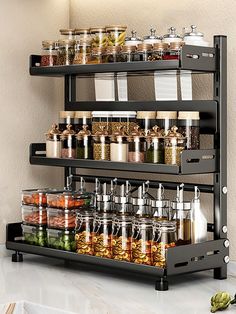 an organized spice rack with spices and condiments