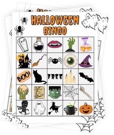 halloween bingo game with pumpkins, bats and ghost faces on it's side