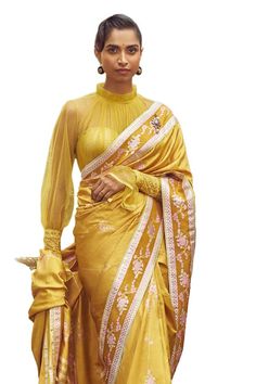 Dandelion saree with minakari, kadhua work and organza border. Comes with unstitched blouse piece. - Aza Fashions Long Sleeve Blouse With Dupatta For Reception, Traditional Long Sleeve Blouse With Sheer Dupatta, Silk Pre-draped Saree With Zari Work And Long Sleeves, Semi-stitched Long Sleeve Blouse With Sheer Dupatta, Yellow Blouse For Transitional Wedding Season, Elegant Yellow Blouse With Dupatta, Fitted Yellow Blouse Piece For Eid, Elegant Yellow Art Silk Blouse, Designer Yellow Blouse For Eid