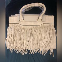 New! Fringe Front Gold Hardware Multi Compartment Shoulder Strap Included Satchel Handles White Wash Tye Dye Elegant Fringe Bags For Daily Use, White Fringe Shoulder Bag For Everyday Use, White Rectangular Shoulder Bag With Fringe, White Rectangular Bag With Fringe, Elegant Fringe Tote Bag, White Rectangular Fringe Bag, White Fringed Shoulder Bag For Beach, White Rectangular Fringe Shoulder Bag, Daily White Shoulder Bag With Fringe