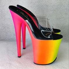 These Neon Ombr Heels Are Super Tall With A 4” Platform And An 8” Heel! They Are New But I Do Not Have The Original Box For Them. They Have A Clear Plastic Upper And Are A Size 5. Tags: Stripperwear, Stripper, Exotic Dancer, Pole Dancing, Hot Pink, Purple Yellow Platform High Heels, Neon High Heels For Party, Neon Yellow Party Heels, Rainbow Platform Heels With Round Toe, Rainbow Round Toe Platform Heels, Yellow Platform Heels For Party, Bold Orange Heels For Party, Bold Orange Party Heels, Rainbow Open Toe Platform Heels