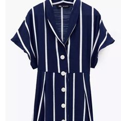 Midi Length. Navy/White Casual Striped Maxi Dress For Work, Elegant Striped Shirt Dress For Vacation, Striped Collared Beach Dress, Collared Striped Beach Dress, Striped Collared Mini Dress For Summer, Chic Striped Button-up Dresses, Striped Collared Vacation Dress, Striped Collared Dresses For Vacation, Chic Collared Dress For Vacation