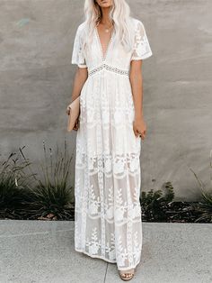 Summer White Lace Boho Loose Maxi Dress – A Lark And A Lady Black And White Long Dresses, White Lace Maxi Dress, White Lace Maxi, Dress Sleeve Length, Lace Dress With Sleeves, Beach Maxi Dress, Lace Neckline, Lace Dress Long, Maxi Robes