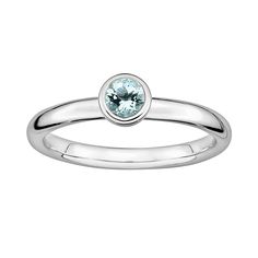 Bezel-set, round-cut aquamarine stone emits shimmering pale blue hues. Details:  4-mm width Rhodium-plated sterling silver  Size: 6. Gender: female. Age Group: adult. Stones Rings, Sterling Silver Stacking Rings, Stack Ring, Stacked Stone, Aquamarine Stone, Blue Hues, Stacking Rings, Womens Jewelry Rings, Pale Blue