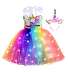 PRICES MAY VARY. Novel unicorn lighted outfits, every girl will be a beautiful princess! package including 1 lighted tutu dress(There is a cotton skirt lining under the tulle pieces section, more comfortable to wear) + 1 lighted unicorn headband MATERIAL: High quality sequin, shiny and not easy to fall off. Top lined with a silk like fabric, very soft and comfortable, 100% polyester. Colorful tulle strips, vibrant color and looks very fluffy, 100% nylon. There is a cotton skirt lining under the Halloween Princess, Princess Tutu Dress, Baby Costumes Girl, Halloween Christmas Decorations, Girl Birthday Decorations, Unicorn Costume, Fabric Skirt, Lit Outfits, Unicorn Dress