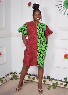 Red Knee-length Mini Dress, Ankara Shift Dress, Evening Dress Short, Shift Dress Casual, Dress Ankara, Ankara Dress Styles, Printed Short Dresses, Ankara Dresses, Stylish Work Attire