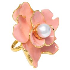 Floral elegance by Kenneth Jay Lane! A cocktail ring featuring a flower, painted in salmon coral enamel and accented with a single faux pearl. Adjustable sizes 4.5 to 8 US Gold plated. Made in USA. Hallmarks: Kenneth Lane Pearl Cocktail Ring, Malachite Necklace, Steampunk Accessories, Bill Blass, Pink Jewelry, Enamel Ring, Gold Flower, Kenneth Jay Lane, Dream Jewelry