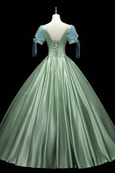 Green Satin Long A-Line Ball Gown Green Short Sleeve Evening GownSilhouette:A-LineMaterial:SatinWaist: NaturalBack Details:Lace-UpLength: Floor LengthLining: Fully LinedBuilt-In Bra: Yes Green Princess Style Dress For Debutante Ball, Green Ball Gown With Sweep Train For Banquet, Princess Style Green Ball Gown With Fitted Bodice, Floor-length Satin Ball Gown With Sweep Train, Fitted Satin Ball Gown Dress, Fitted Satin Ball Gown, Green Floor-length Ball Gown With Sweep Train, Satin Ball Gown For Wedding, Green Satin Ball Gown For Party