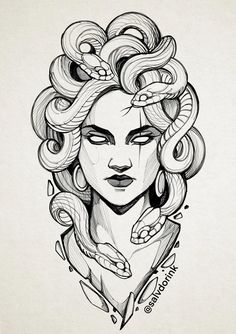 a drawing of a woman with snakes on her head and the words, i am not sure