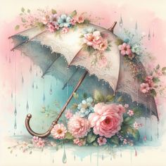 a painting of an umbrella with flowers and laces on it's handle, surrounded by raindrops