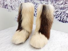 Exclusive brown white color fur boots! They are perfect combination of gorgeous look and warmth. Lined by a genuine sheepskin. Outside part is made of a real goat fur. Boots are designed for women who love the uniqueness and warmth, as withstand up to 50 degrees Celsius below zero. COLORS: EACH PAIR IS INDIVIDUAL! it can be more brown or black or white. Length and thickness of fur is diffrenet too. Please, contact. These beautiful boots are available in different natural color shades: brown, whi White Sheepskin Boots For Winter, White Sheepskin Winter Boots, Winter White Sheepskin Boots, Cloth Hacks, Yeti Boots, Women Winter Boots, White Goat, Boots Long, Fur Snow Boots