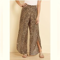 Measurements: Front Rise: 10 1/2" Inseam: 31 1/4" Style Ev80854-A-Dw Material: 100% Polyester Non-Smoking, Pet Free Home Trendy Full-length Pants For Vacation, Trendy Pants For Vacation, Trendy Full Length Pants For Vacation, Vacation Pants With Elastic Waistband And Split Shape, Casual Split Pants For Vacation, Casual Full Length Leopard Print Pants, Casual Summer Bottoms With Split Design, Casual Summer Bottoms With Split Shape, Casual Summer Bottoms With Split