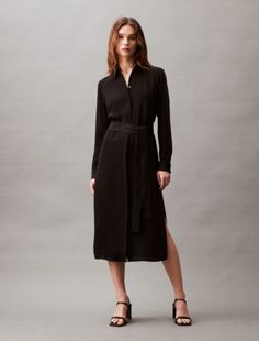 Formal Button-up Dresses With Belted Cuffs, Classic Belted Shirt Dress For Semi-formal Occasions, Elegant Long Sleeve Belted Shirt Dress, Business Collared Dresses With Placket, Business Dresses With Collar And Placket, Formal Knee-length Midi Dress With Placket, Elegant Long Sleeve Midi Dress With Belted Cuffs, Elegant Long Sleeve Midi Dress For Daywear, Formal Button-up Midi Dress With Tie Waist