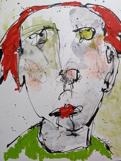 a drawing of a man's face with red hair and green shirt on it