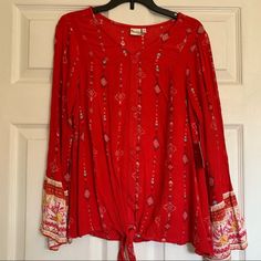 Long/Bell Sleeve Peasant Top From Mudd. Red With Geometric Print. Vneck. Button Down. Tie Waist. Semi Sheer. Nwt. Size Xl 14/16. Offers Welcomed!! Mudd Peasant Top Long Sleeve Bell Sleeve Red Geometric Vneck Tie Waist Festival Spring Fall 071621 B15 022222 052322 082822 122922 042623 Red Long Sleeve Beach Blouse, Casual Red V-neck Peasant Top, Red Long Sleeve Bohemian Blouse, Red Long Sleeve Top For Festivals, Casual Red Blouse For Festival, Red Festive Blouse For Fall, Festive Red Blouse For Fall, Red Blouse For Festive Fall Occasions, Red Bohemian Peasant Top For Festival