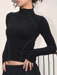 ⚡Buy 2023 Solid Seam Detail Mock Neck Slim Long Sleeve Tee Black S under $19.00 in Tops&Tees at AnotherChill.com Online. Style: Casual/Street/Vintage/Preppy. Fabric Content: Polyester. Fit Type: Slim Fit. Neckline: Mock Neck. Sleeve Length: Long Sleeve. Versatile Style: The casual, street, vintage, preppy style of this long sleeve tee makes it a versatile piece that can be paired with a variety of outfits, perfect for any occasion.. High Quality Fabric: Made from polyester, this tee is not only Stretch High Neck Sports Top, Basic High Stretch Tops For Fall, High Neck Stretch Sports Top, High Neck Stretch Top For Sports, Casual High Stretch Tops For Fall, Fitted Basic Winter Tops, Basic Black T-shirt For Winter, Winter Basic Fitted Tops, Winter High Neck Black Tops