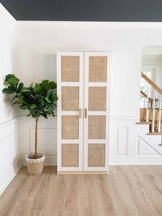 a plant in a pot next to a white door and some wooden stairs with banisters on either side