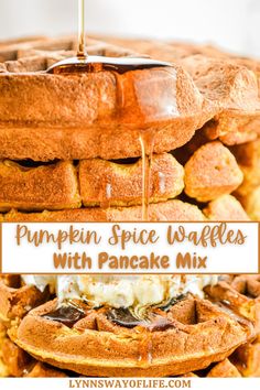 pumpkin spice waffles with pancake mix are stacked on top of each other