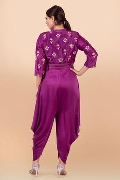 Shop for Jajobaa Purple Maheshwari Silk Embroidered Cowl Draped Jumpsuit for Women Online at Aza Fashions Fitted Embroidered Jumpsuit For Festive Occasions, Embroidered Fitted Jumpsuits And Rompers For Festive Occasions, Festive Embroidered Fitted Jumpsuits And Rompers, Jumpsuit For Women, Jumpsuit Online, Embroidered Neckline, Silk Embroidery, Embroidered Silk, Mandarin Collar