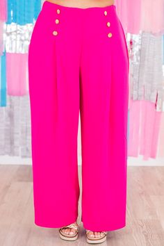 Effortlessly elevate your wardrobe with our Never Be Outdone Pants in bold fuchsia! The high waist and elastic waistband ensure a comfortable and flattering fit, while the gold button detail adds a touch of sophistication! With a wide-leg design, these pants are perfect for both the office and a night out. Take your style to new heights! 100% Polyester Pink Stretch Wide Leg Pants With Elastic Waistband, Pink Wide Leg Ankle-length Pants With Elastic Waistband, Pink Ankle-length Wide Leg Pants With Elastic Waistband, Pink Stretch Wide Leg Pants For Work, Pink Wide Leg Pants For Work, Bold Spring Bottoms For Workwear, Pink Ankle-length Wide Leg Pants For Party, Bold Spring Workwear Bottoms, Bold Straight Pants