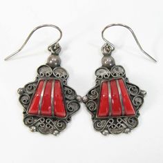 "Join me and celebrate the re-creation of antique and vintage jewelry; repurposed and reborn at Vintage Delights Too.  Welcome to my store. For your consideration is a pair of vintage Mexican sterling silver earrings. The earrings feature silver filigree/bead wirework with red dyed onyx stones. These measure 1 ½ by ¾ inches in size and date from the 1940s. They have been updated with sterling earwires and are unmarked but test for silver. Backs are flat sheet silver. These are similar to work do Sterling Silver Vintage Jewelry For Events, Sterling Silver Vintage Jewelry For Vintage Events, Vintage Sterling Silver Jewelry For Vintage Events, Vintage Handmade Earrings For Anniversary, Vintage Jewelry With Ear Wire For Anniversary, Red Vintage Sterling Silver Earrings, Vintage Red Sterling Silver Earrings, Red Victorian Jewelry For Vintage Collection, Vintage Earrings As Gift