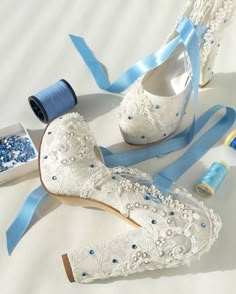 "Something blue embellished lace wedding heels for bride, custom shoe styles available. Stay comfortable all night and feel like a princess in these bridal shoes with block heels! Custom wedding gift, personalized engagement gift. Ivory lace bridal shoes are designed with embroidered lace. Ivory pearls and beads, shiny sequins are used on the embroidery. Light blue rhinestones are scattered all around and light blue satin ribbons tie on the front. Custom details can be added on this design, sole Light Blue Heels Quinceanera, Light Blue Quince Heels, Cinderella Quinceanera Heels, Cinderella Inspired Shoes, Blue Moon Wedding, Light Blue Heels Wedding, Blue Block Heel Wedding Shoes, Dusty Blue Wedding Shoes, Blue Round Toe Wedding Shoes