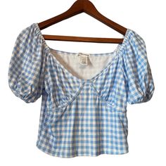 Caution To The Wind Brand Light Blue And White Gingham Crop Top. Puff Sleeves Style. Polyester/Spandex Blend For A Stretchy Comfortable Fit. Nwot! Size M Puff Sleeve Tops For Spring Picnic, Summer Puff Sleeve Tops For Picnic, Summer Plaid Puff Sleeve Tops, Plaid Puff Sleeve Tops For Summer, Trendy Blue Top For Picnic, Trendy Blue Tops For Picnic, Gingham Short Sleeve Top For Brunch, Blue Fitted Top For Picnic, Fitted Blue Tops For Picnic