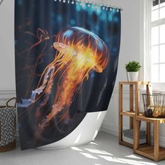 a shower curtain with an image of a jellyfish