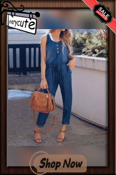 Casual High Waisted Button Up Drawstring Denim Jumpsuit Playsuits Casual Button-up Jumpsuits And Rompers, Summer Denim Blue Jumpsuits And Rompers With Button Closure, Casual Denim Jumpsuit With Buttons, Casual Buttoned Denim Jumpsuit For Summer, Casual Denim Jumpsuit With Buttons For Summer, Casual Dark Wash Overalls With Buttons, Casual Summer Denim Jumpsuit With Button Closure, Casual Dark Wash Denim Jumpsuit With Buttons, Summer Dark Wash Jumpsuits And Rompers With Buttons