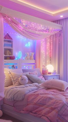 a bedroom decorated in pink and white with lights on the ceiling, bedding and pillows