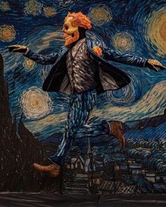 a painting of a man dressed as a skeleton running in front of a starr background