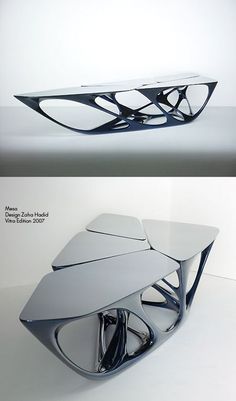 an artistic table made out of metal and glass is shown in two different views, one with