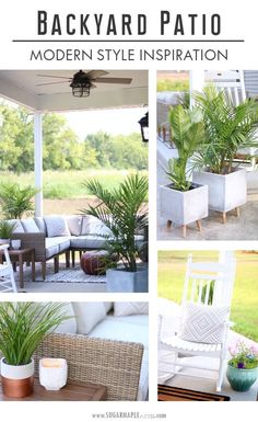 the backyard patio is decorated with white furniture and potted plants