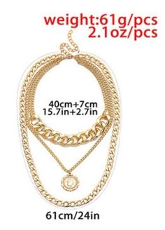 Metal Color: GoldMaterial: Metal plated, coin medallion styleType: Clasp closure, 3-layer, 13 necklace Style: FashionShips: 2-3 days Layered Metal Choker Necklace, Alloy Chain Choker Layered Necklace, Double Chain Alloy Choker, Trendy Alloy Jewelry With Gold Chain, Trendy Alloy Gold Chain Jewelry, Trendy Alloy Necklace With Gold Chain, Alloy Gold Chain Choker Necklace, Gold Chain Alloy Choker Necklace, Trendy Gold Alloy Choker