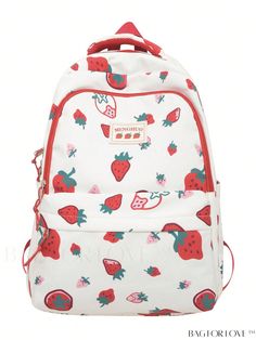 BagForLove - Stylish Waterproof Strawberry Pattern Backpack: Ideal for Daily Use Trendy Red Backpack For Outdoor, White Waterproof Backpack For Travel, Red Waterproof Nylon Bags, Waterproof White Backpack For Travel, White Waterproof Travel Backpack, Waterproof Red Nylon Bags, Cute Backpack For Outdoor, Red Backpack For Students, Casual Waterproof Backpack Bag