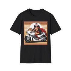 a black t - shirt with an image of a woman riding a motorcycle