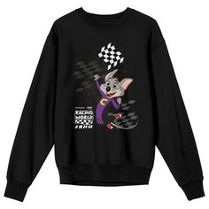 Elevate your style with this Chuck E. Cheese unisex adult black Chuck E. Cheese crew neck long sleeve sweatshirt, boasting a captivating Chuck E. waving a checkered flag. This officially licensed apparel merges comfort and durability, constructed from a perfect blend of 50% cotton and 50% polyester. Maintain its freshness effortlessly by following easy care instructions. Machine wash it on cold with like colors and tumble dry on low heat. Winter Graphic Design Long Sleeve Sweatshirt, Cotton Graphic Design Long Sleeve Sweatshirt, Graphic Design Long Sleeve Sweatshirt For Streetwear, Black Graphic Design Hoodie With Crew Neck, Black Graphic Hoodie With Crew Neck, Black Crew Neck Hoodie With Graphic Design, Winter Graphic Long Sleeve Top, Winter Long Sleeve Graphic Top, Black Graphic Sweatshirt For Fall