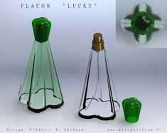 two green glass vases next to each other on a white background with the words flacon lucky